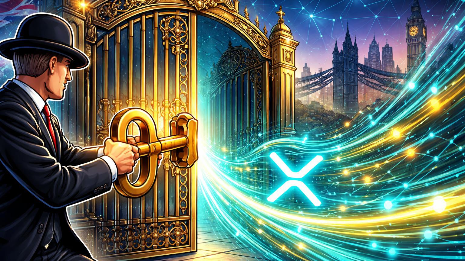 Regulador britânico cartoon abrindo portão com chave dourada liberando fluxo XRP cyan, simbolizando aprovação FCA para pagamentos Ripple