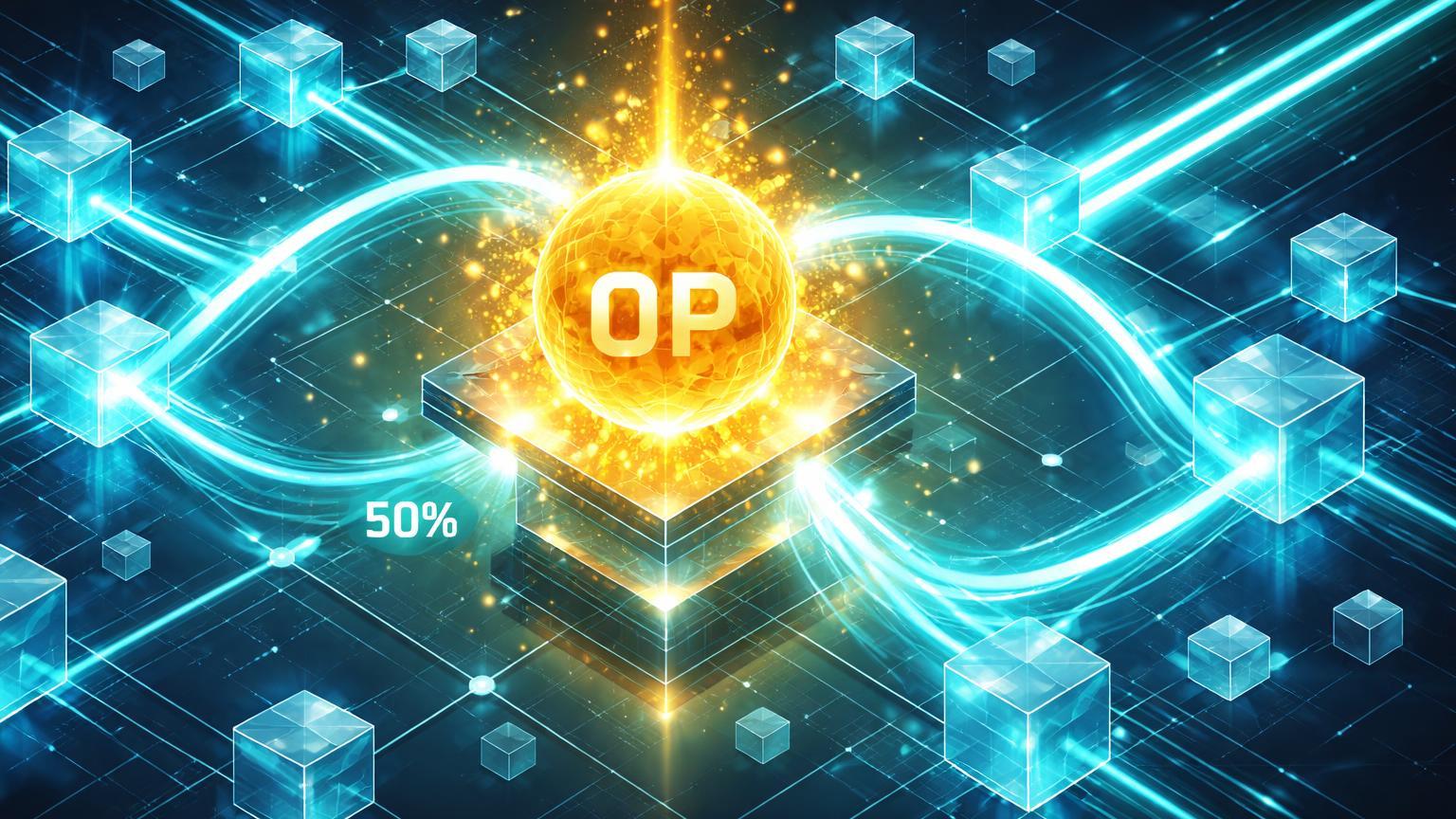 Estrutura isométrica de Superchain com fluxos de energia cyan retornando 50% ao núcleo OP dourado, simbolizando proposta de buyback