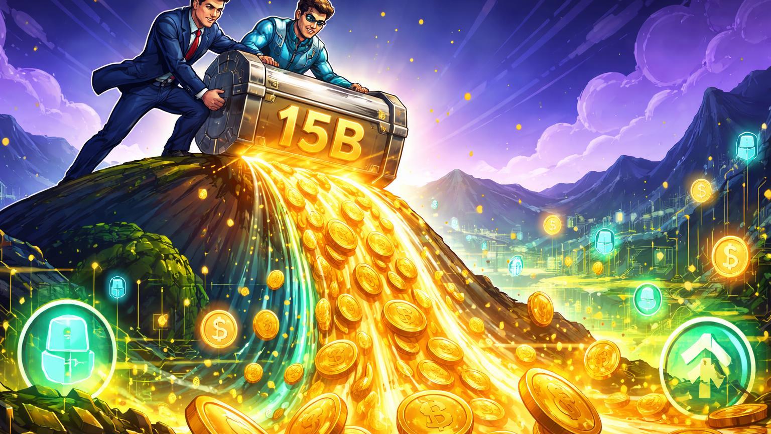 Personagens estilizados de terno e tech despejando cascata de moedas douradas em ecossistema digital, simbolizando aporte da a16z.