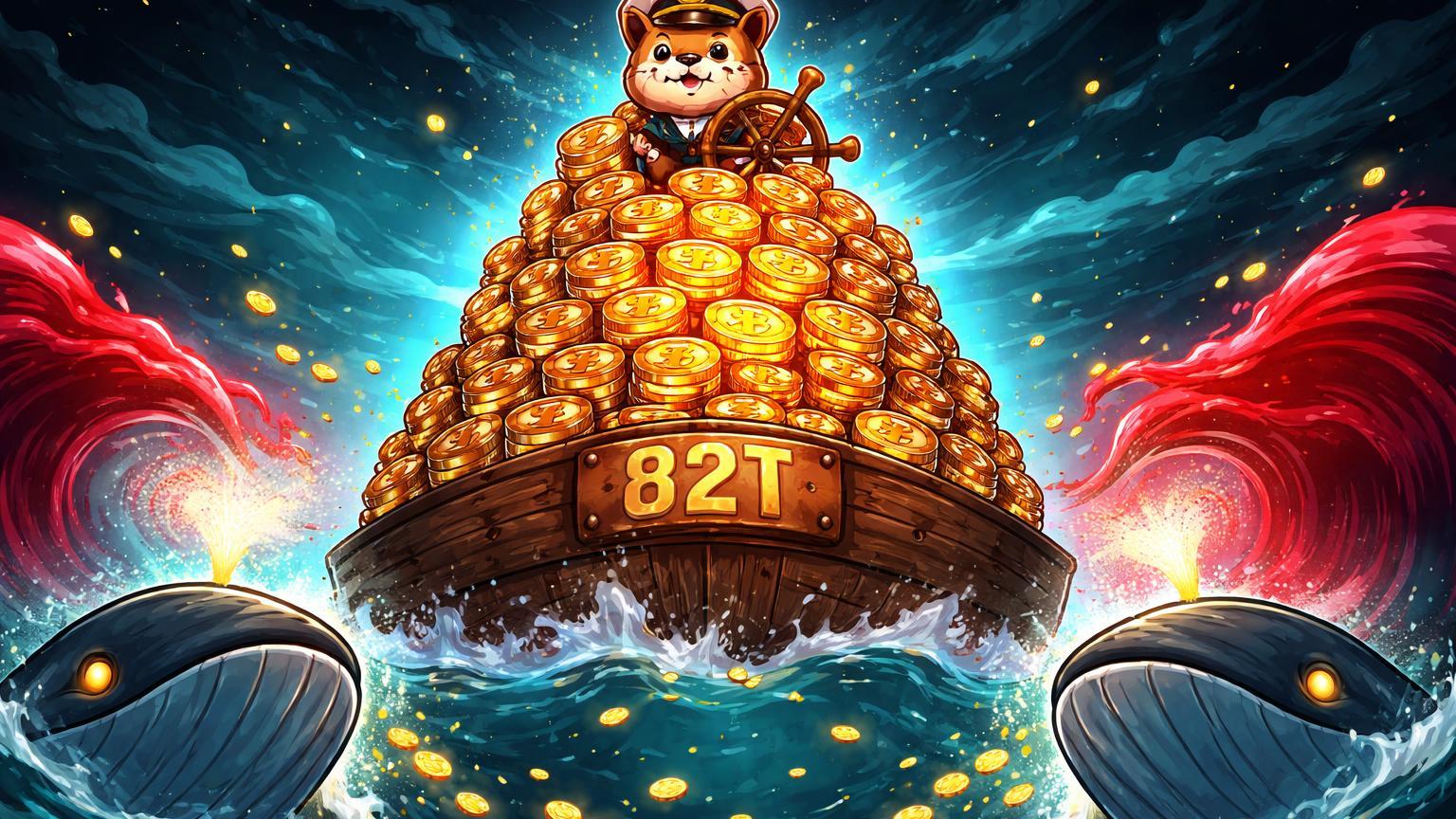 Shiba Inu cartoon pilotando barca de exchange com 82T tokens instáveis, baleias emergindo para sustentar contra ondas de venda em SHIB