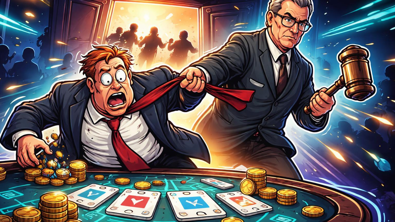 Político cartoon sendo expulso de mesa de prediction market por regulador com martelo, simbolizando banimento proposto pelo Congresso dos EUA em DeFi