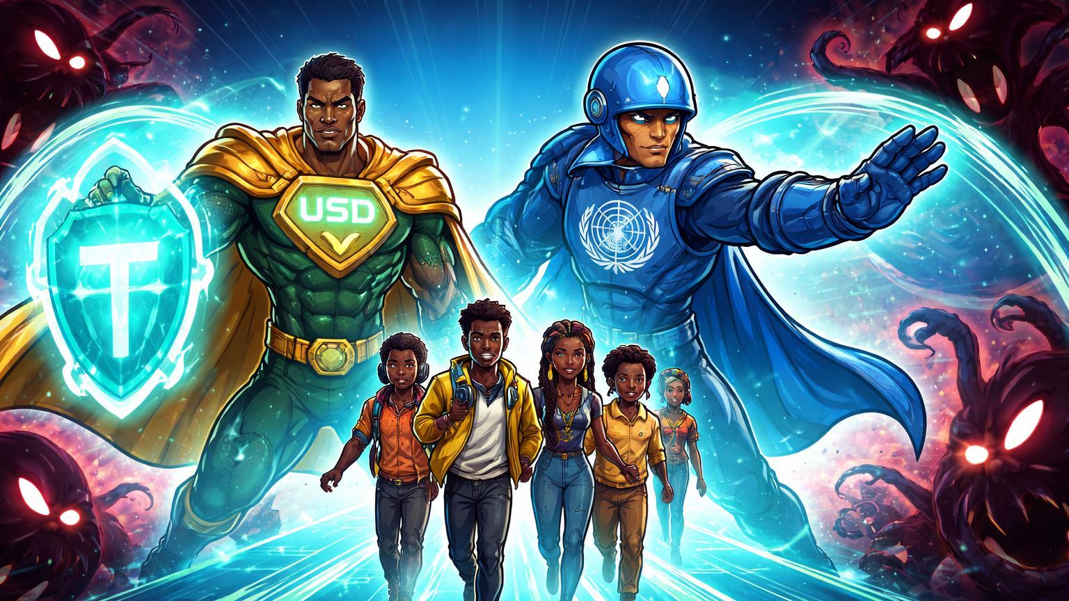 Personagens cartoon de Tether e ONU protegendo jovens africanos de sombras de fraudes cripto, simbolizando parceria contra scams de US$ 260 mi na África