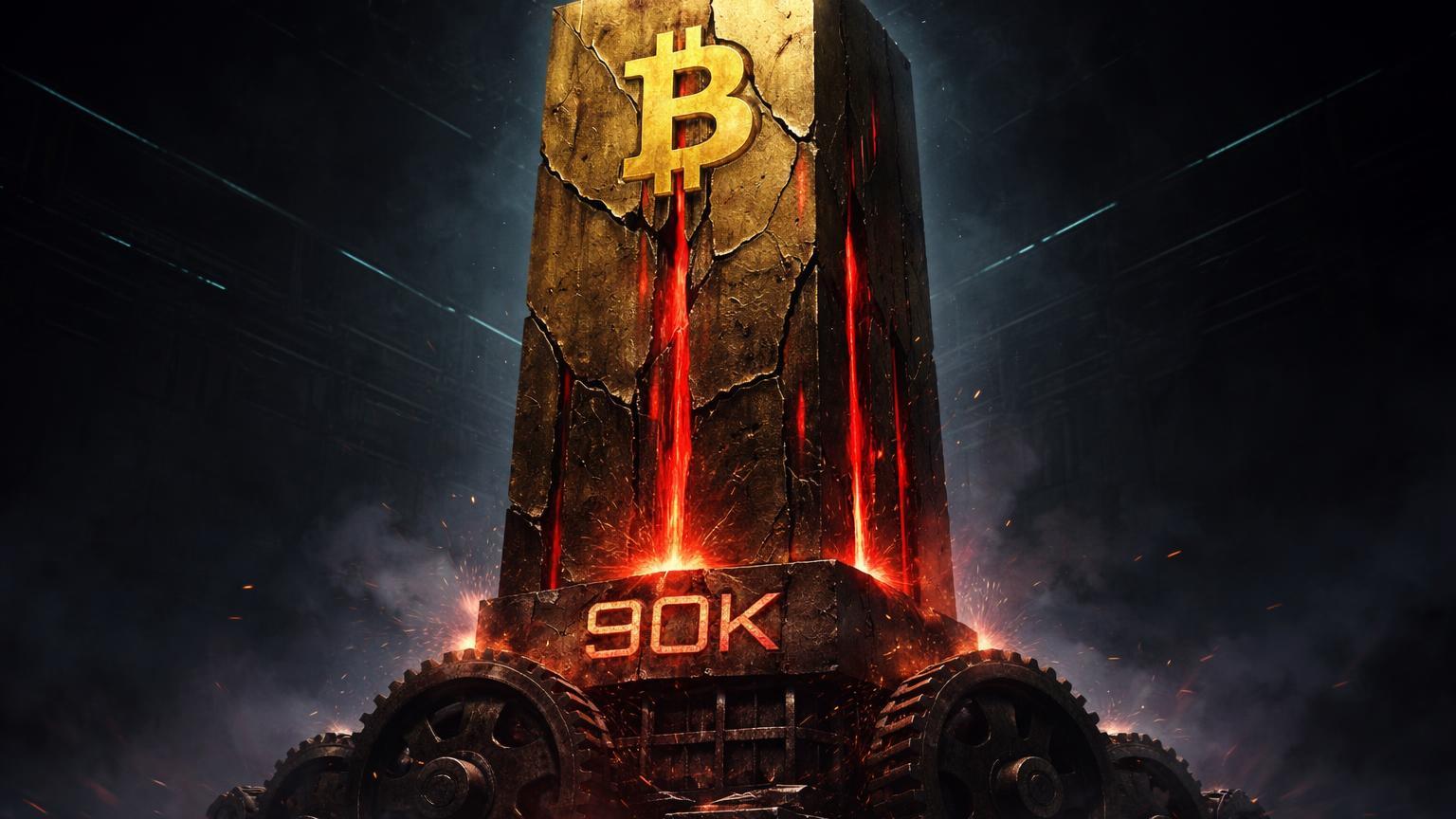 Monolito dourado Bitcoin com rachaduras vazando plasma vermelho e engrenagens enferrujadas na base, simbolizando saídas de ETFs e mineradores em xeque aos 90k