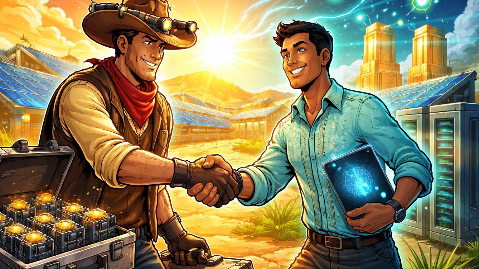 Personagens cartoon cowboy texano e tech cearense apertando mãos sobre fazenda de mineração Bitcoin e data centers IA, simbolizando Ceará como novo hub