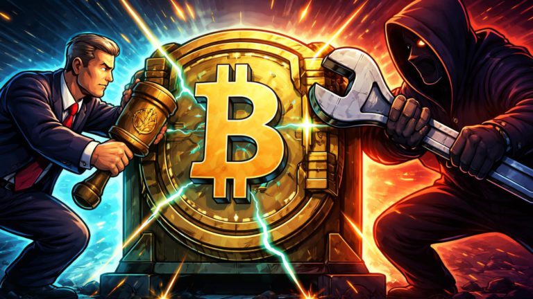 Regulador cartoon com martelo e atacante com wrench pressionando cofre Bitcoin, simbolizando tensões regulatórias e riscos de segurança nos EUA