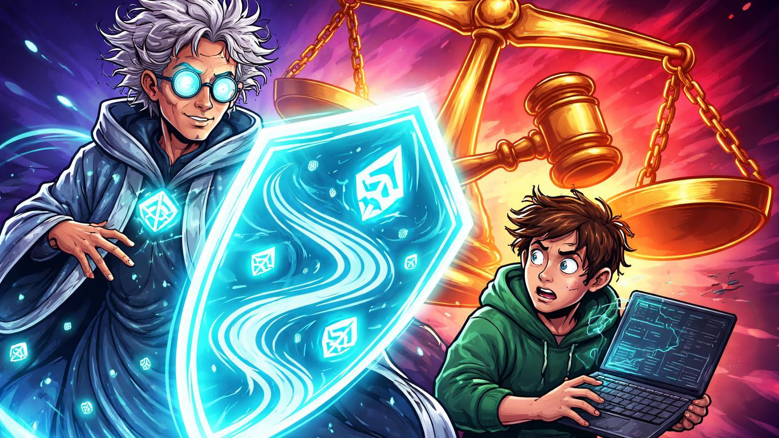 Vitalik cartoon defendendo dev com escudo de privacidade contra balança regulatória, simbolizando debate Tornado Cash e privacidade vs regulação