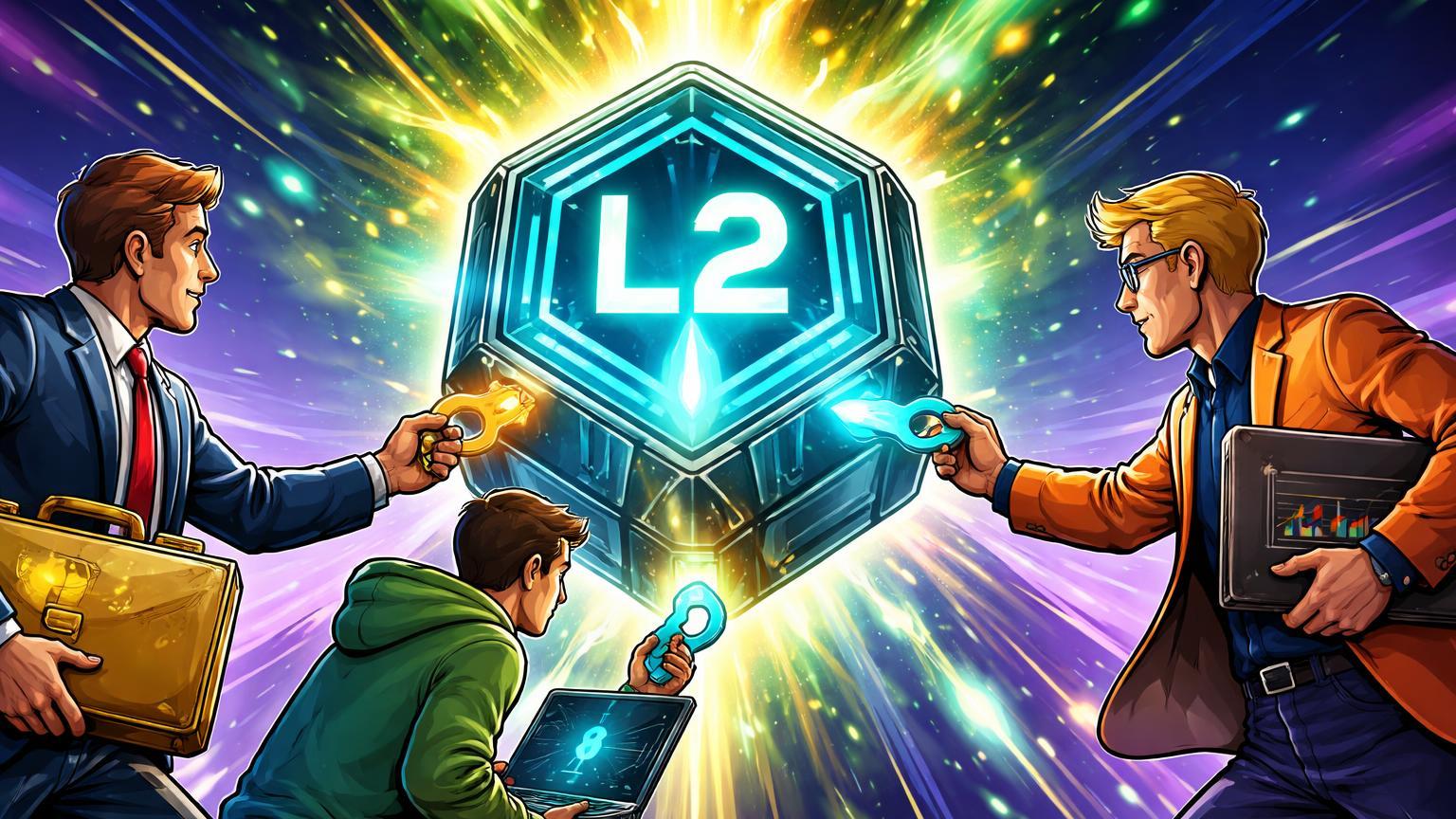 Executivos cartoon institucionais ativando estrutura L2 Ethereum com explosão de energia dourada e verde, simbolizando adoção acelerada