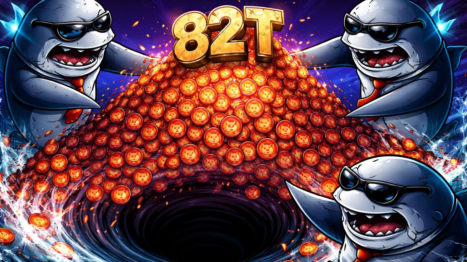 Baleias cartoon despejando pilha de 82T tokens SHIB em poço negro de exchanges, representando pressão vendedora e riscos on-chain