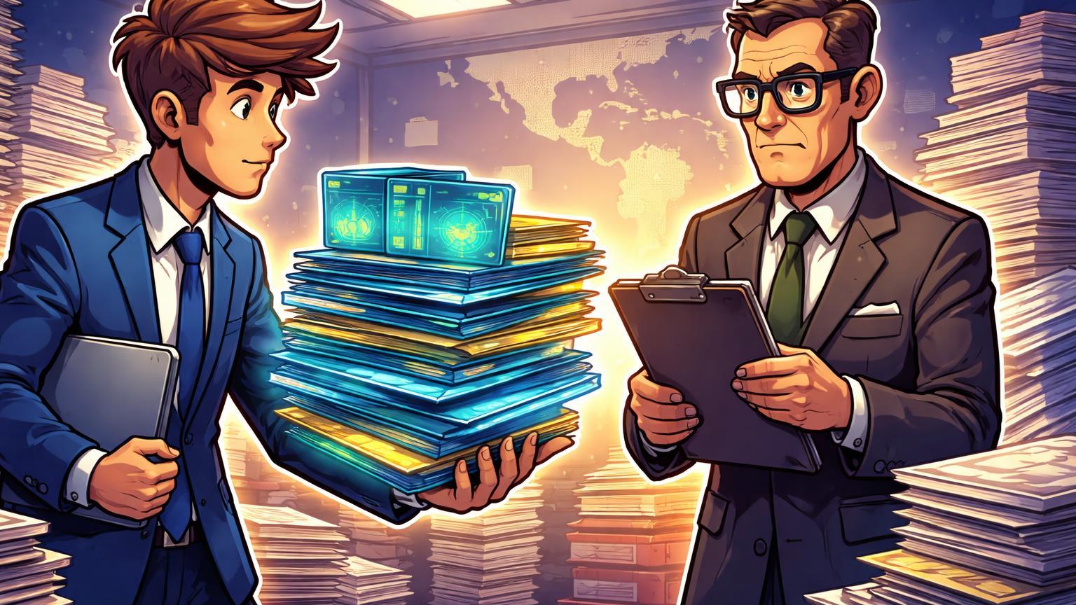 Personagens cartoon de corretora entregando relatórios de dados a burocrata fiscal, simbolizando regras fiscais apertadas na Colômbia