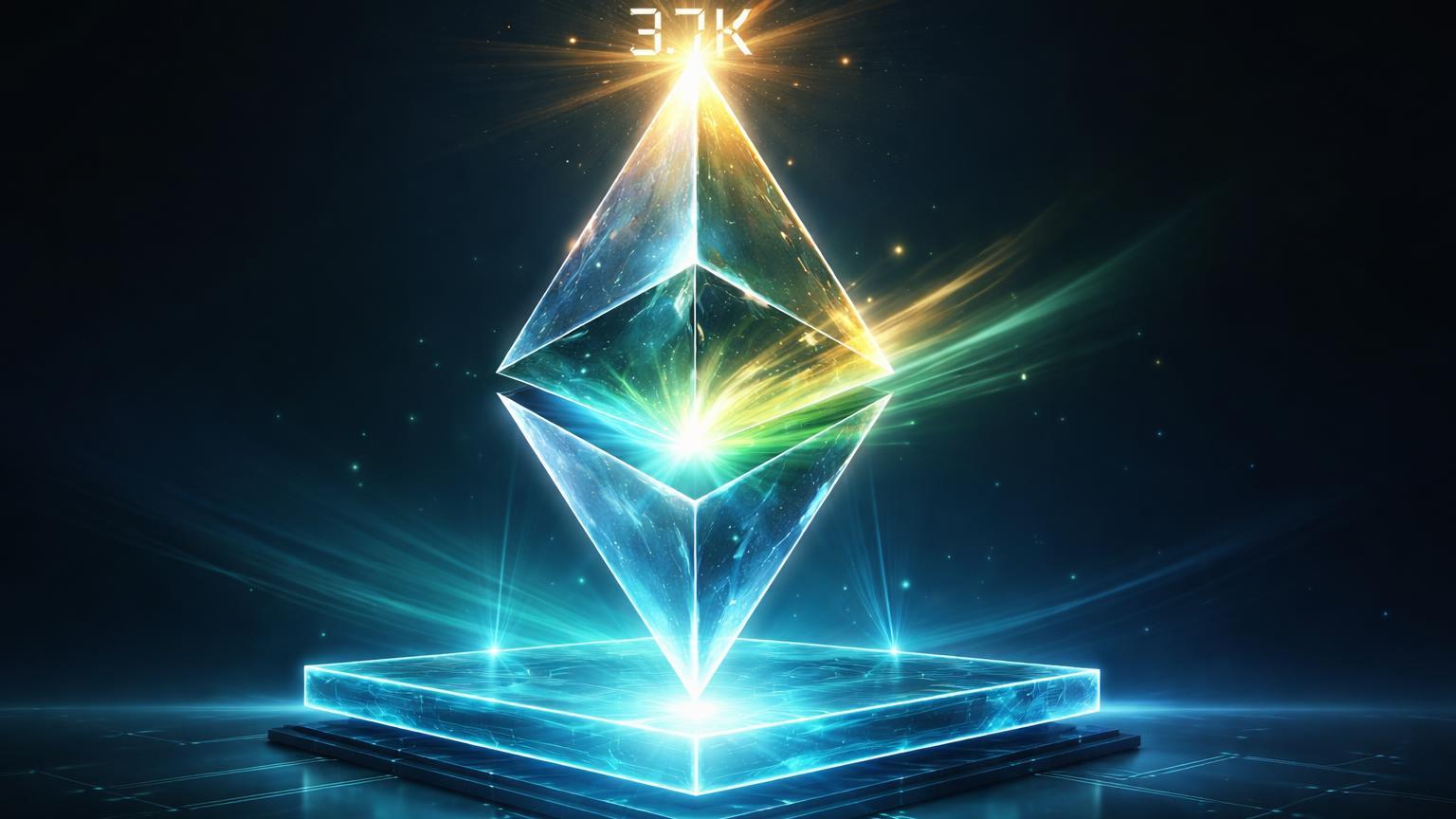 Prisma translúcido de Ethereum comprimindo energia cyan-verde com bases de suporte azul e luz dourada '3.7K' emergente, sinalizando breakout