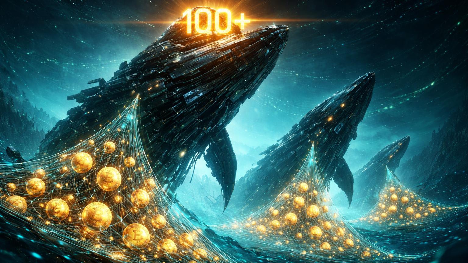 Silhuetas colossais de whales geométricas acumulando esferas douradas BTC em oceano digital cyan, com '100+' brilhando em recorde de endereços