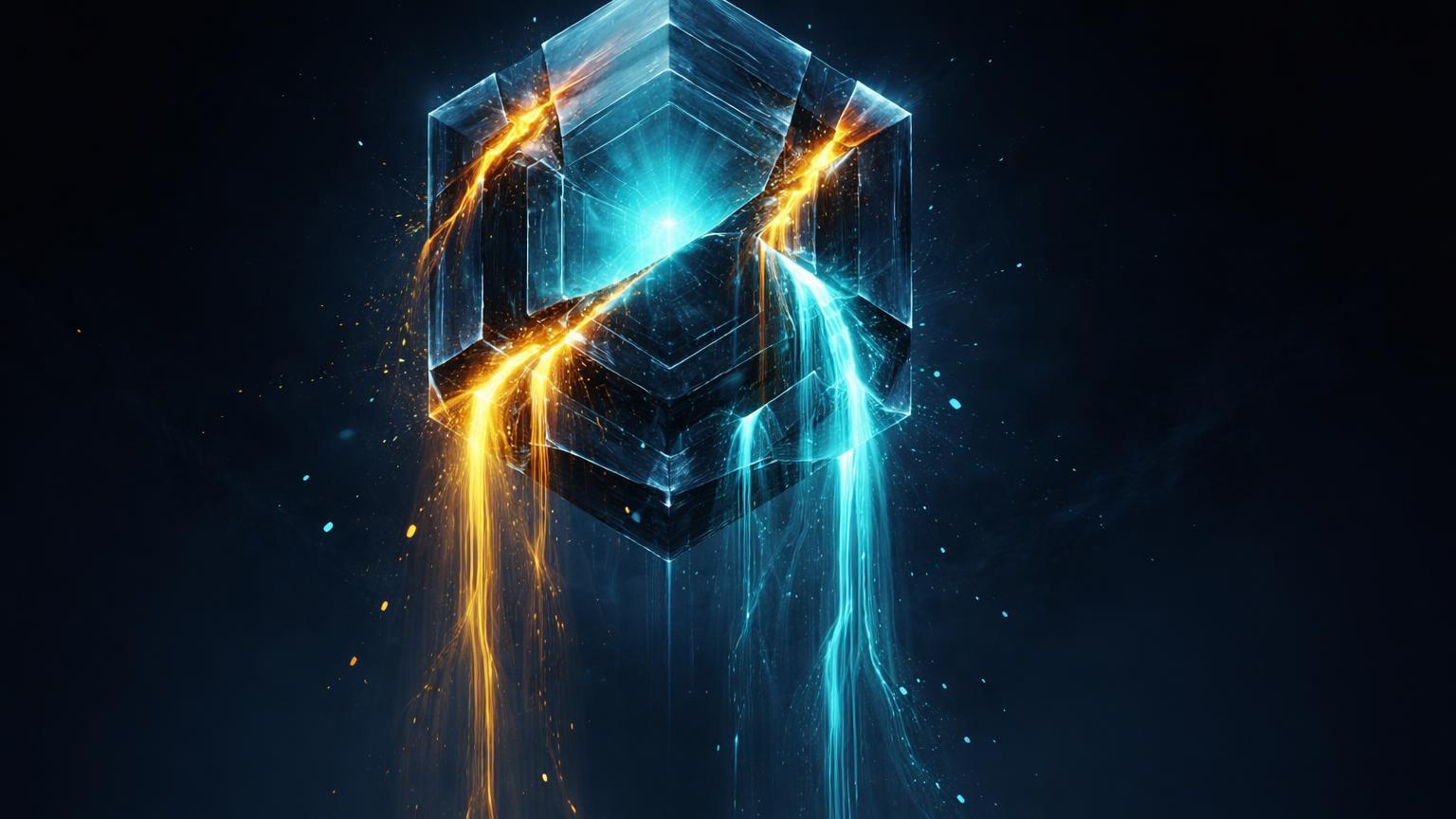 Estrutura hexagonal digital vazando energia dourada e cyan para o vazio escuro, representando saídas de US$ 681 mi em ETFs de BTC e ETH