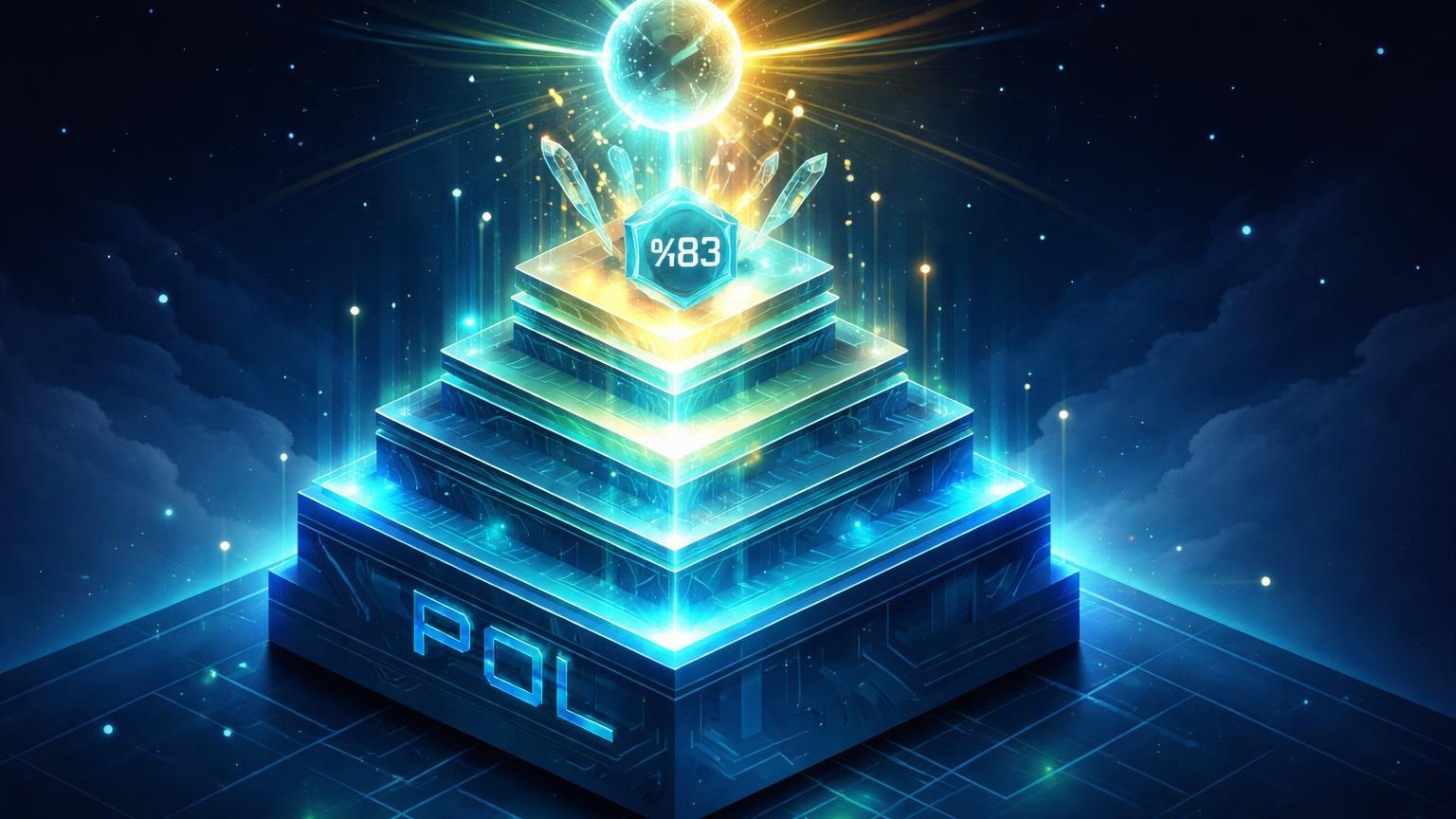 Stack isométrico de camadas digitais elevando-se com luz 2026 e 'POL' na base, simbolizando rally de 83% impulsionado por visão Open Money Stack