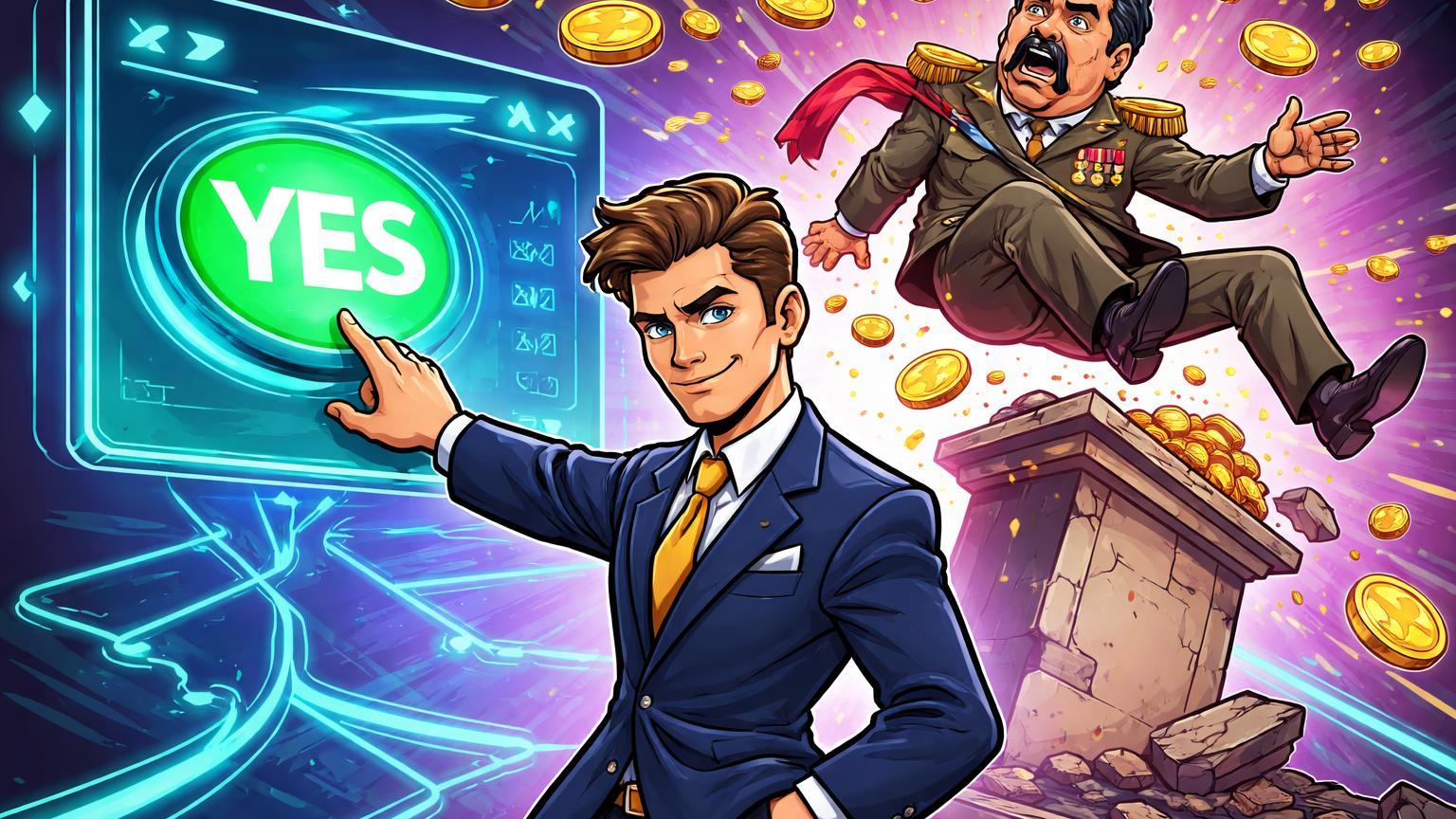 Trader cartoon astuto apostando 'YES' na queda de Maduro cartoon, com rastros on-chain e fichas douradas, ilustrando risco de insider em Polymarket