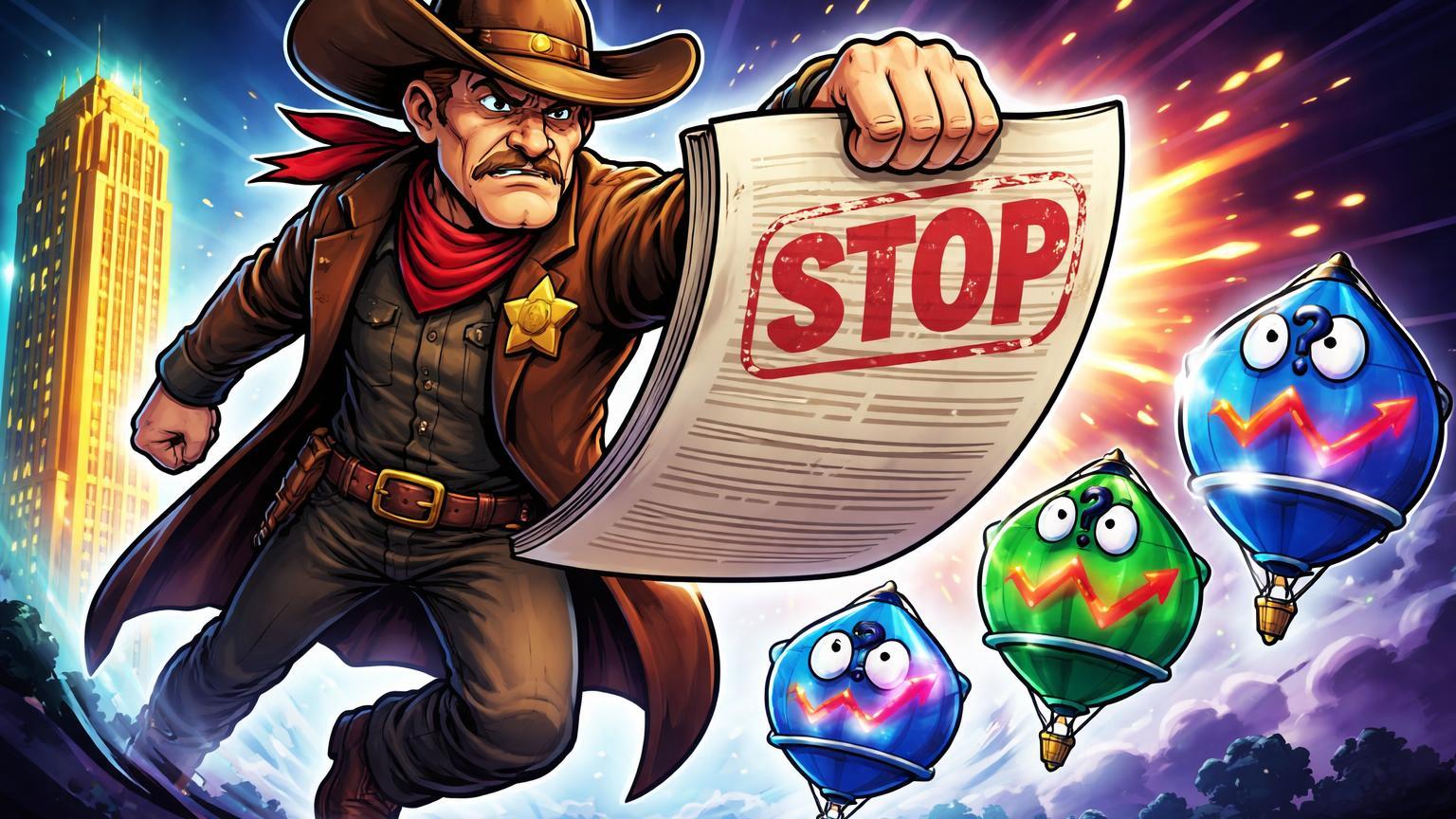 Xerife cartoon com ordem 'STOP' ameaçando plataformas de prediction markets, contrastando com torre institucional segura, ilustrando regulação em Tennessee