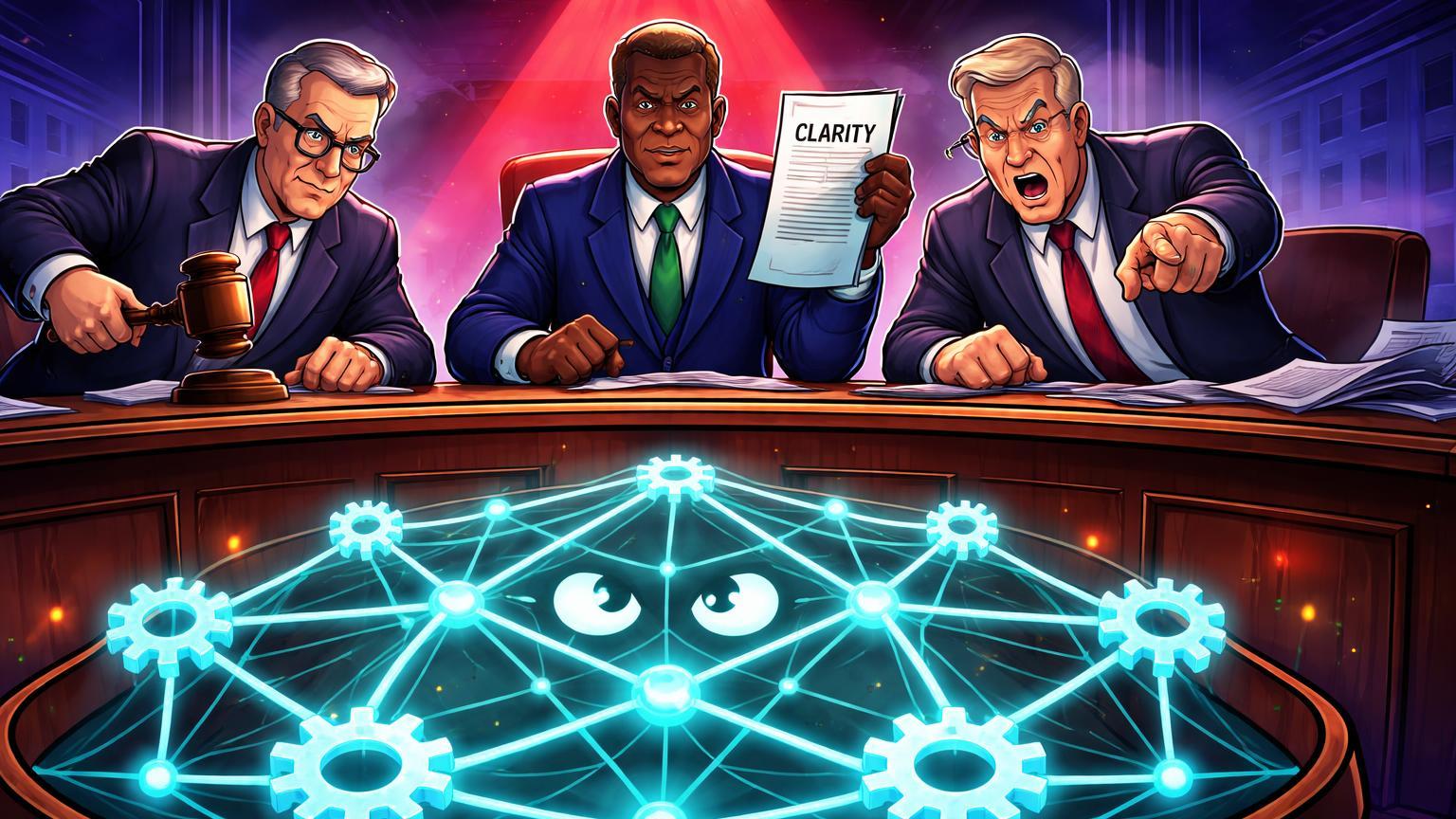 Senadores cartoon em markup do CLARITY Act com rede DeFi sob holofote vermelho, ilustrando pressão regulatória no Senado EUA
