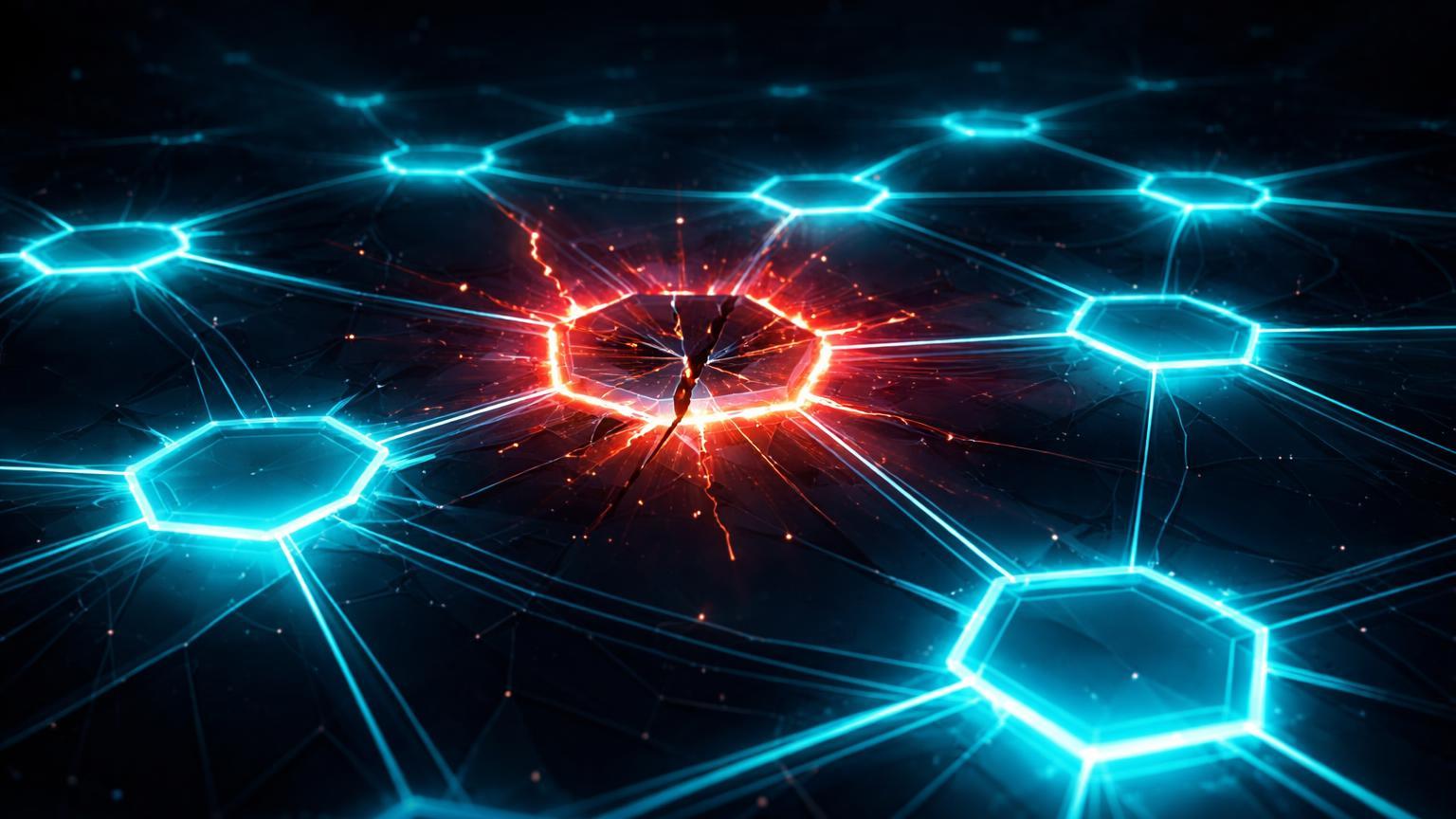 Rede hexagonal cyan com hexágono central rachado emitindo pulsos vermelhos, simbolizando segunda falha e riscos em Starknet L2