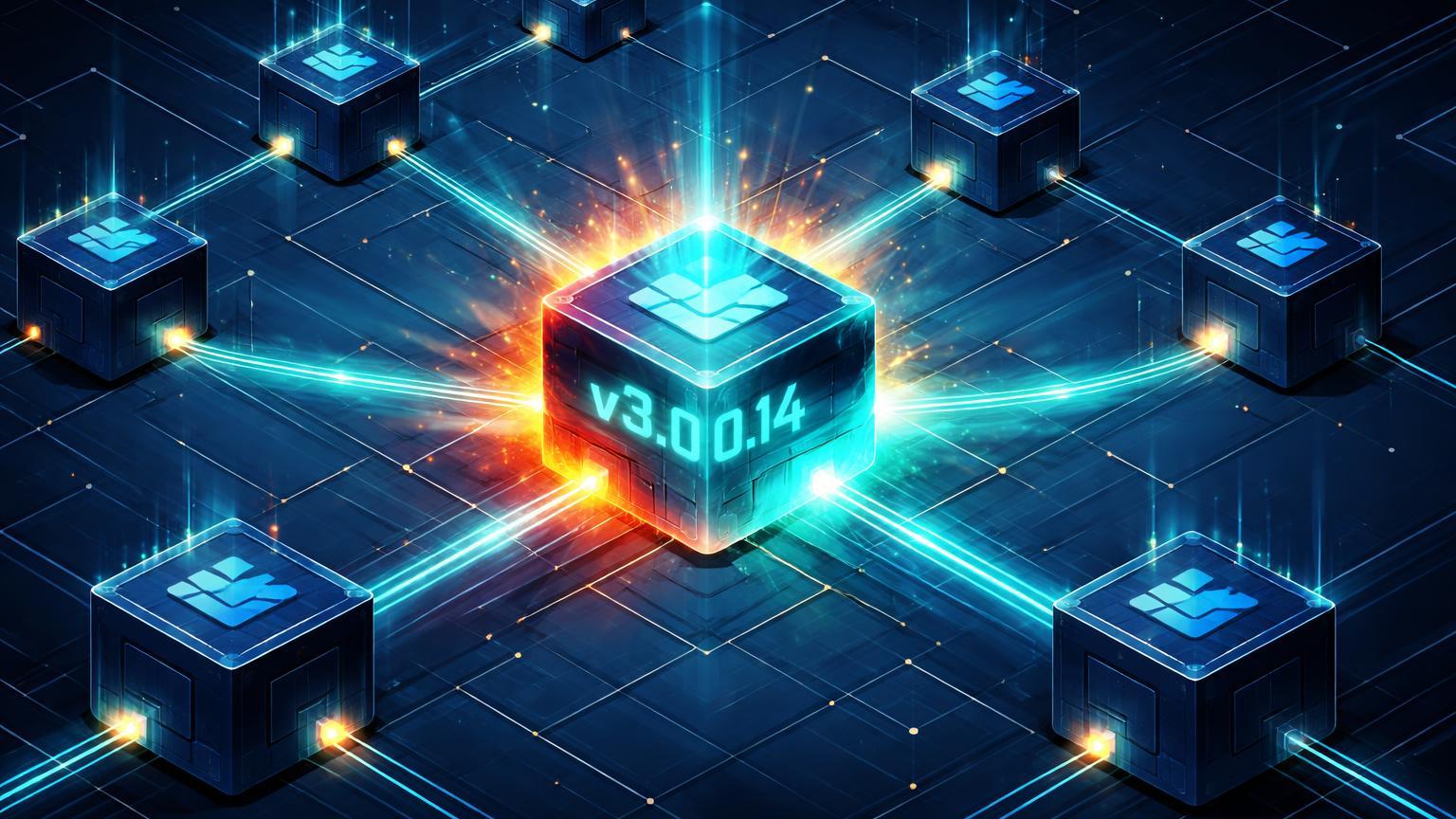Rede isométrica de validadores Solana com nó central alerta laranja recebendo patch cyan v3.0.14, simbolizando atualização crítica urgente