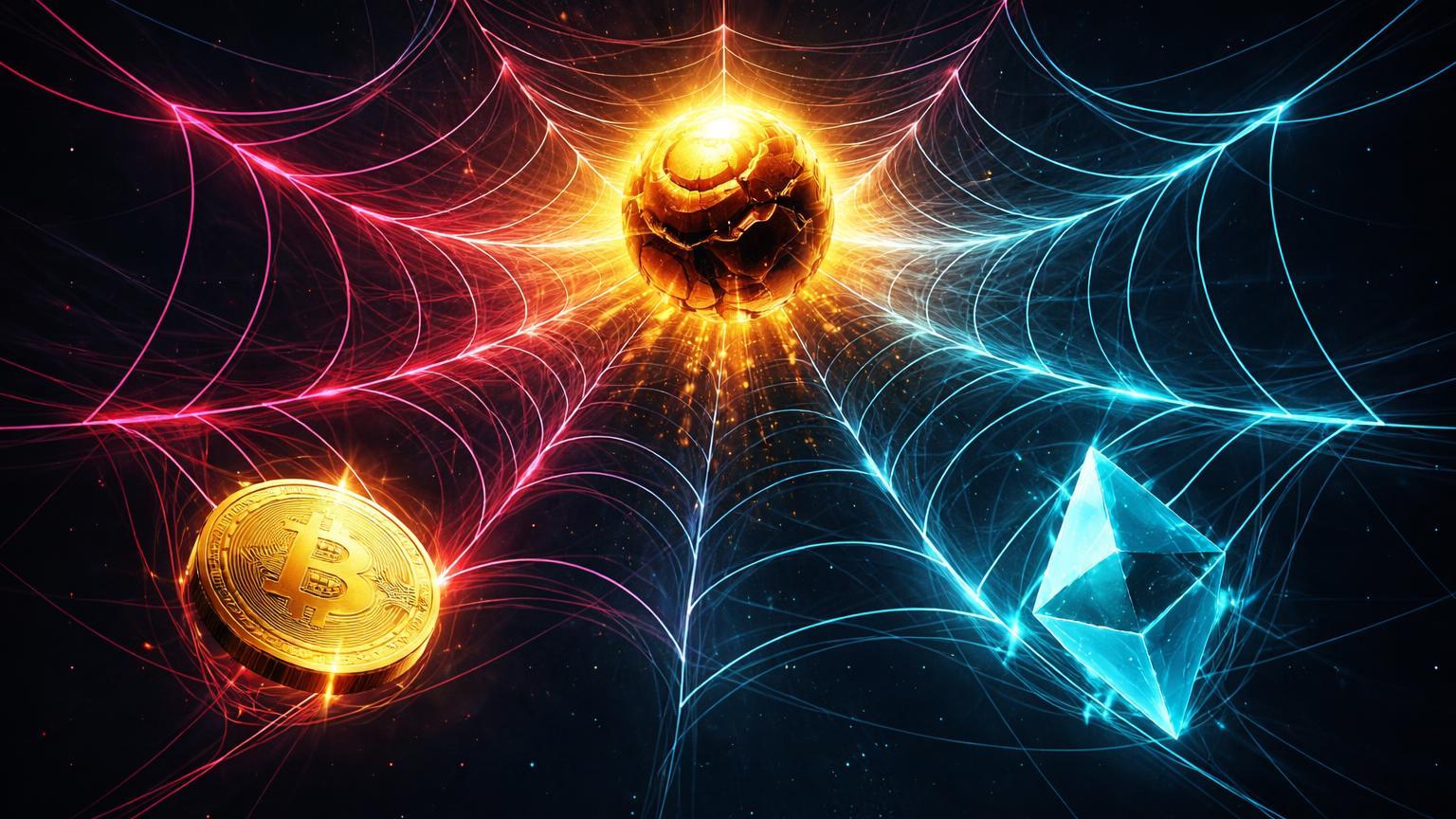 Teia neon de phishing capturando formas BTC e ETH com isca falsa dourada triplicada, ilustrando alerta de golpe da Betterment