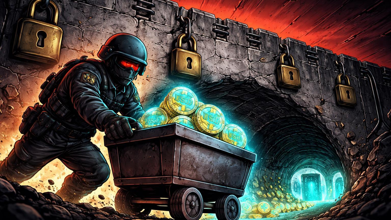 Personagem cartoon militar cavando túnel sob muro de sanções com stablecoins USDT fluindo para exchanges, ilustrando evasão iraniana de US$ 1 bilhão