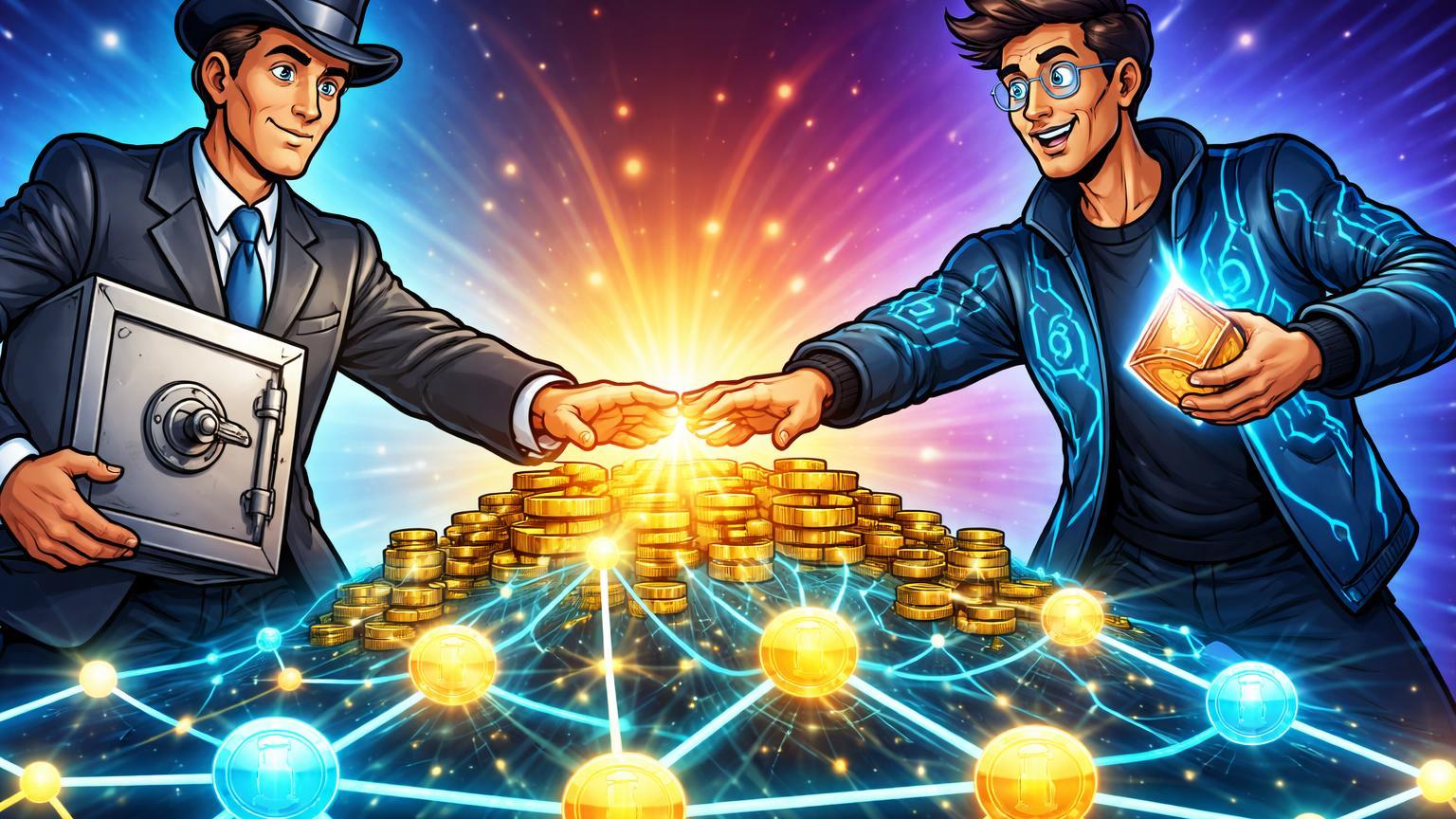 Executivos cartoon tradicional e tech transformando depósitos em rede de tokens luminosos, simbolizando tokenização institucional pela BNY Mellon