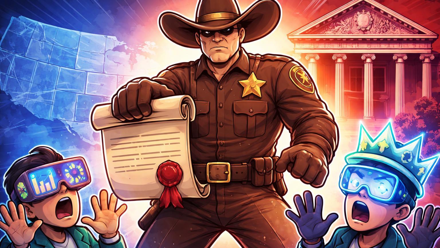 Xerife cartoon do Tennessee confrontando representantes estilizados de plataformas crypto com ordem judicial, ilustrando paralisação regulatória