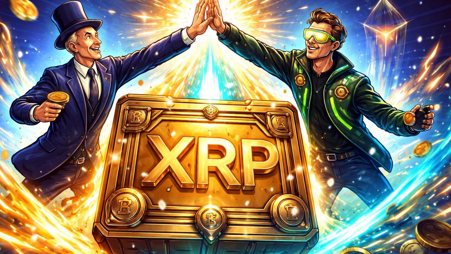 Executivos cartoon high-fiving sobre cofre XRP transbordando influxos dourados e cyan, celebrando recorde de volume em ETFs