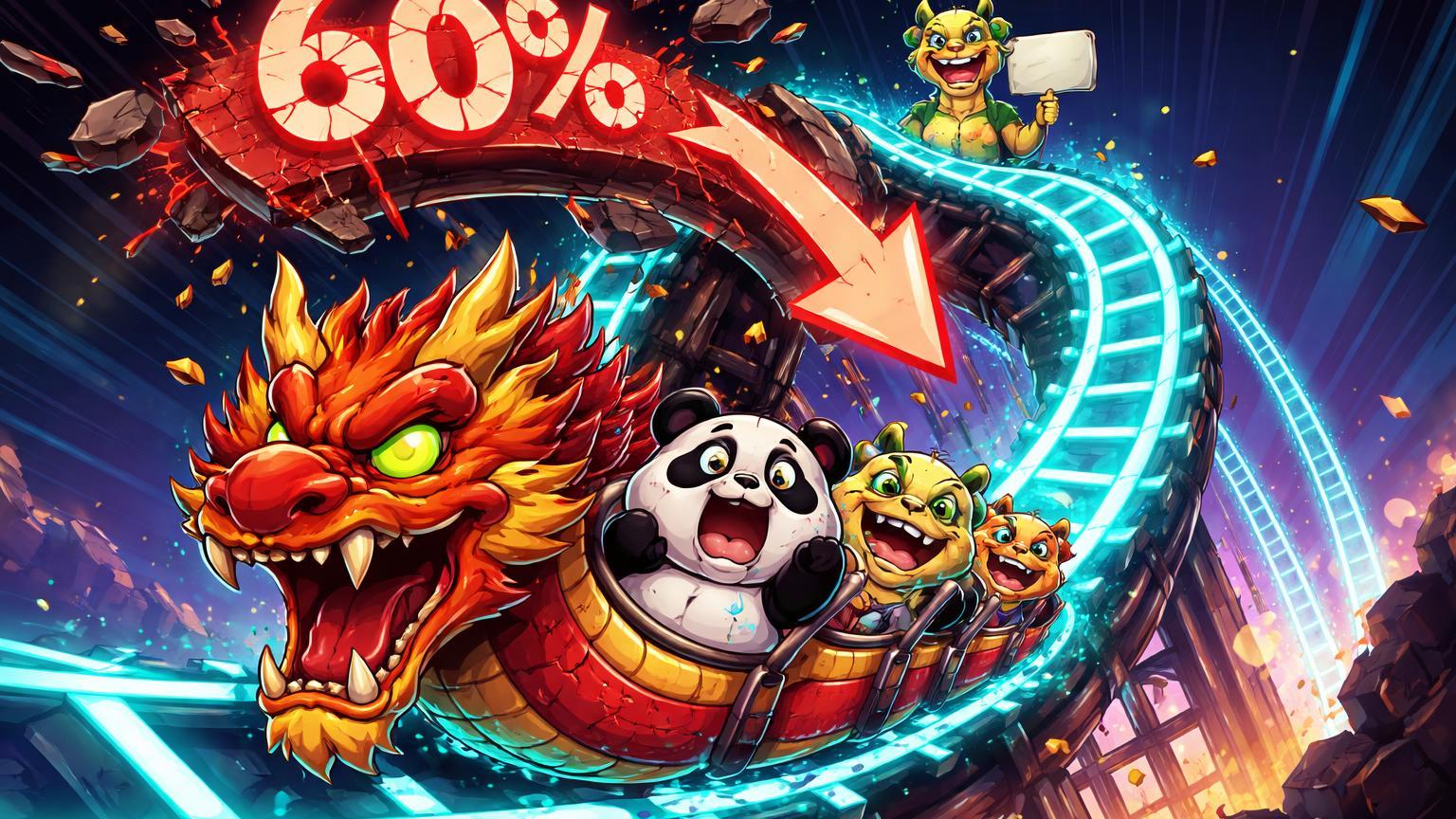 Montanha-russa dragão cartoon com memes chineses despencando 60%, simbolizando hype-dump volátil em meme coins no BNB Chain
