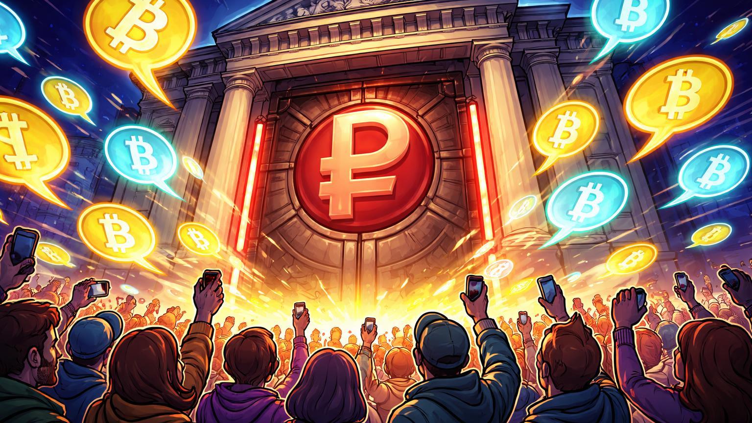 Multidão cartoon de cidadãos bombardeando prédio governamental com símbolos cripto, selo rublo bloqueando, ilustrando interesse em pensões cripto na Rusya