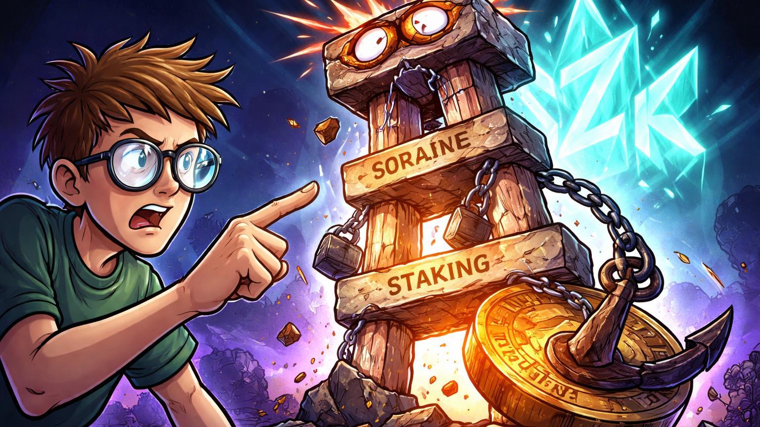 Vitalik cartoon apontando falhas críticas em torre instável de stablecoin descentralizada, com luz ZK sugerindo soluções no DeFi