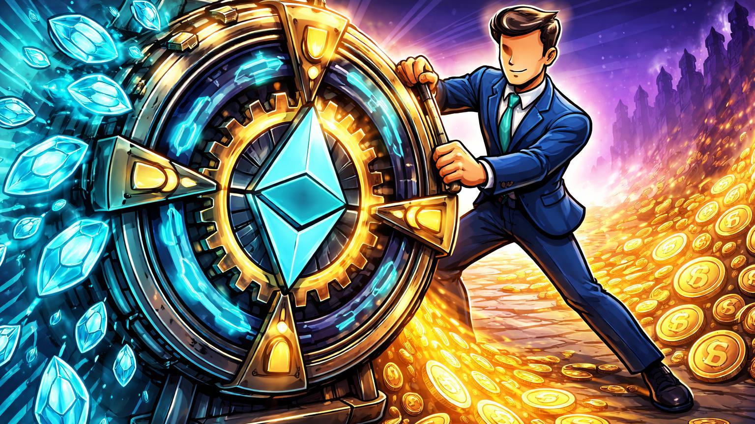 Investidor cartoon girando roda de staking com ETH cyan fluindo e yields dourados explodindo, fila unstaking evaporando, sinalizando confiança bilionária em Ethereum