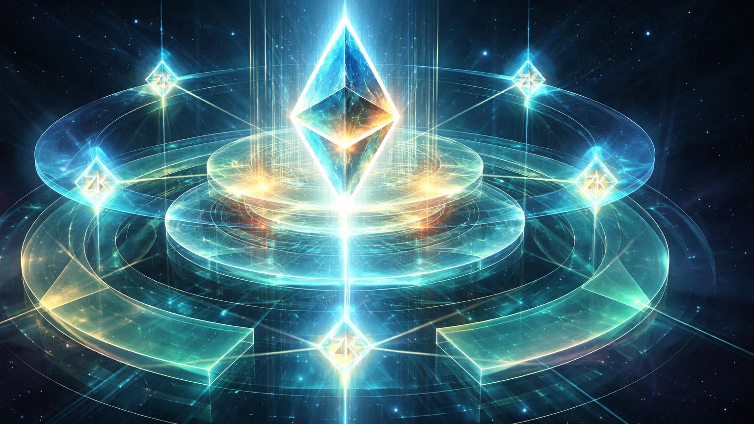 Prisma cristalino Ethereum conectado a camadas L2 translúcidas por feixes ZK luminosos, simbolizando avanços em zero-knowledge proofs no roadmap