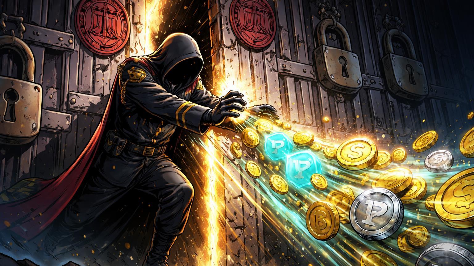 Figura cartoon empurrando corrente de stablecoins com USDT por brecha em muro de sanções, expondo evasão iraniana e riscos regulatórios
