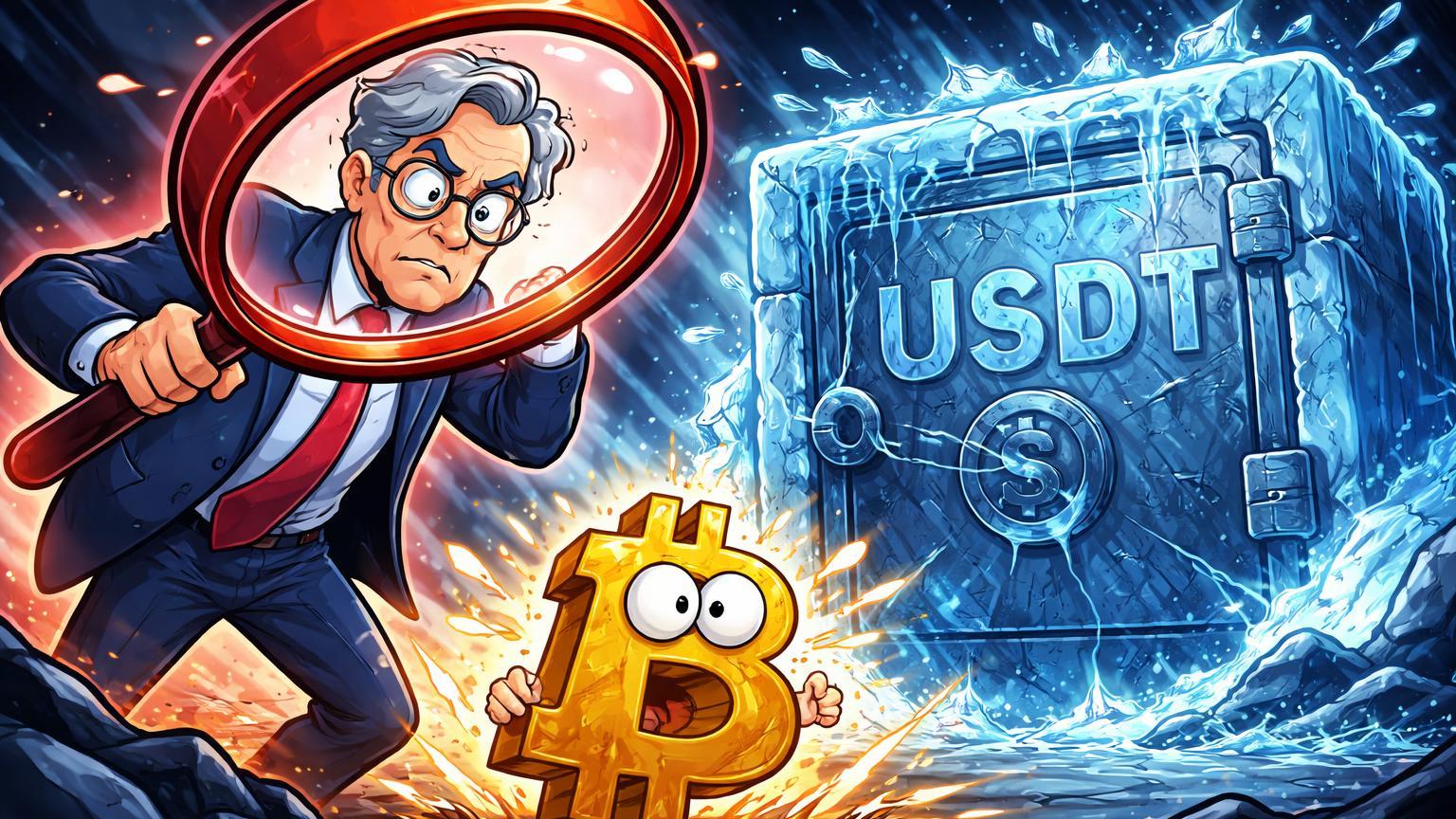 Personagem cartoon de Powell sob lupa investigativa e cofre USDT congelado rachando, ilustrando crise no Fed e instabilidade Tether no cripto