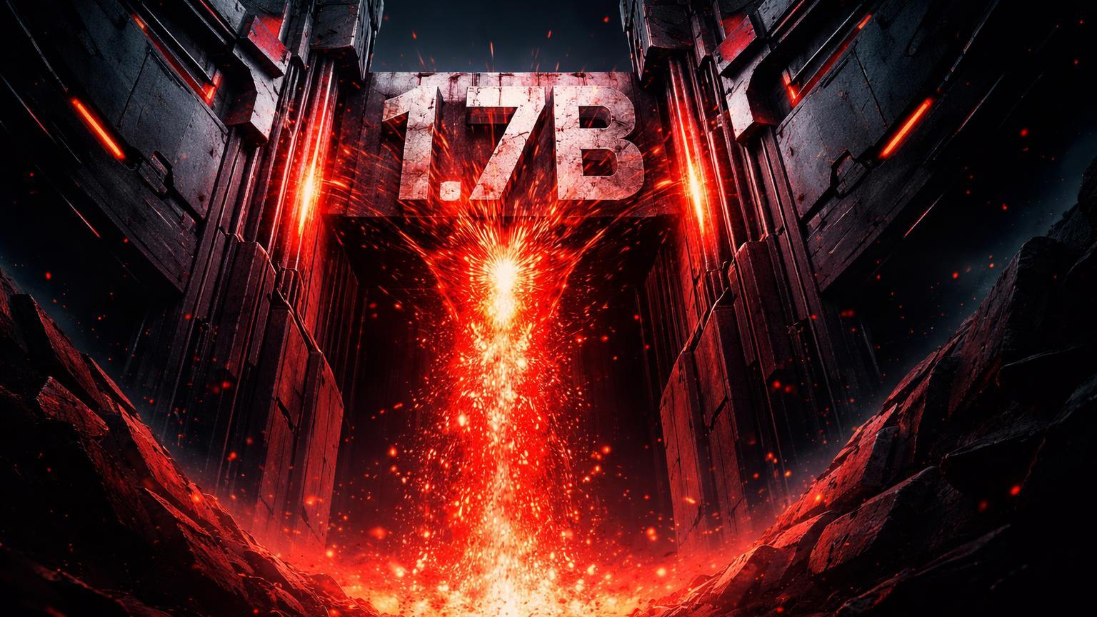 Portões de fortaleza digital abrindo liberando fluxo vermelho intenso de 1.7B, simbolizando desbloqueios de tokens pressionando mercado de altcoins