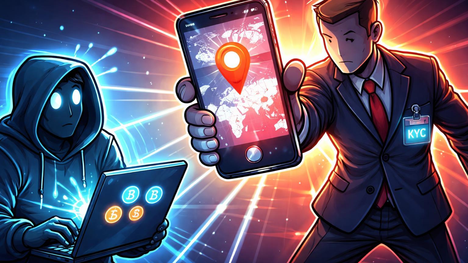 Burocrata cartoon com smartphone exigindo selfie de usuário cripto geolocalizado, simbolizando nova regulação KYC rigorosa na Índia