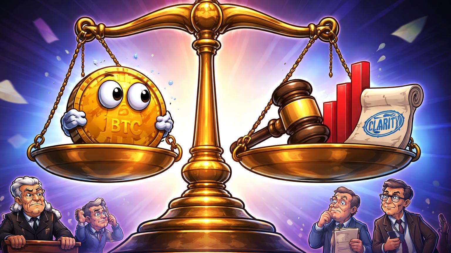 Balança judicial cartoon com Bitcoin contra pesos CPI, SCOTUS e CLARITY, ilustrando semana decisiva de eventos macro para cripto