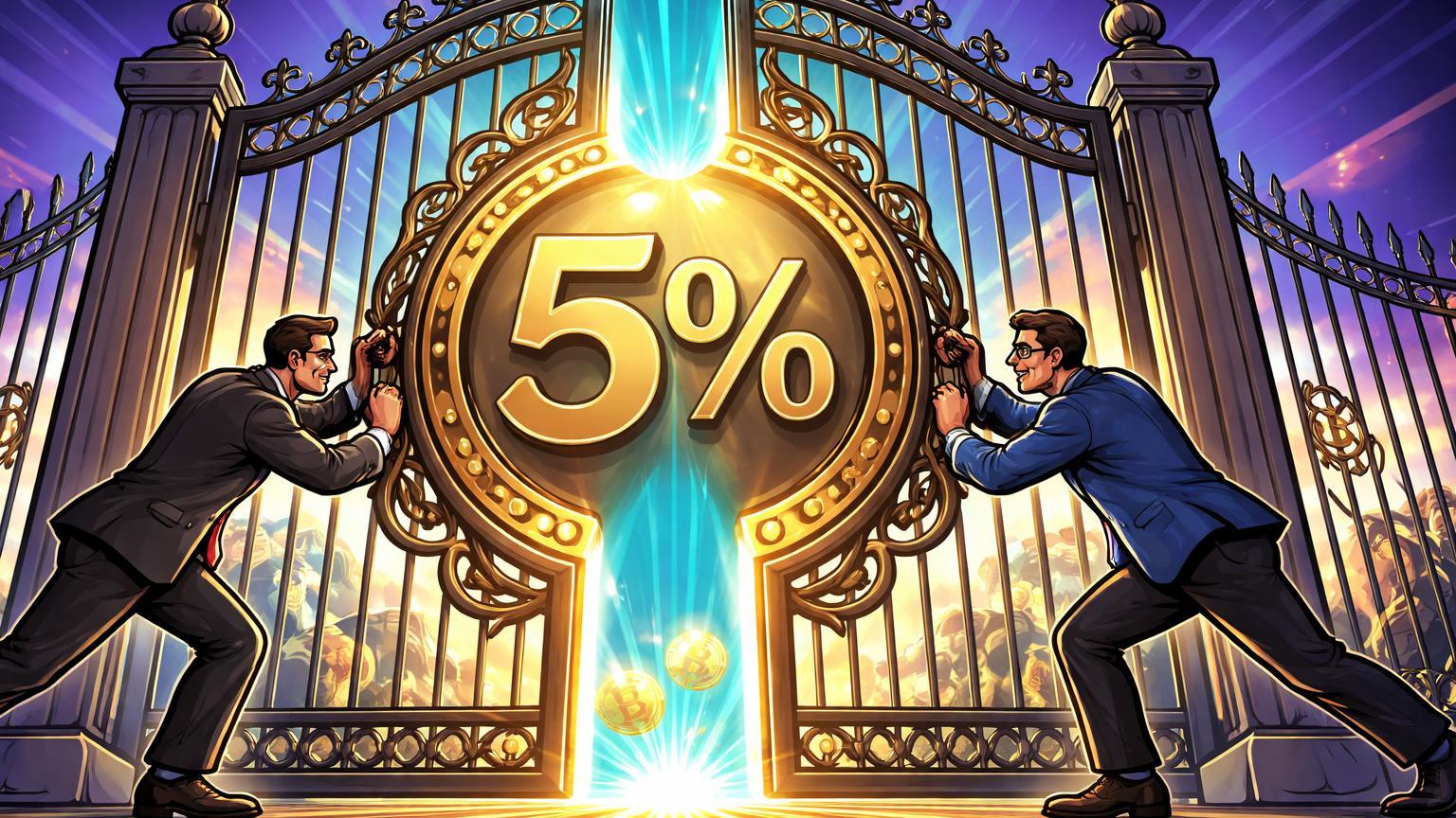 Executivos cartoon abrindo portão regulatório com selo 5%, luz cyan dourada emanando, simbolizando liberação de investimentos corporativos em cripto na Coreia do Sul