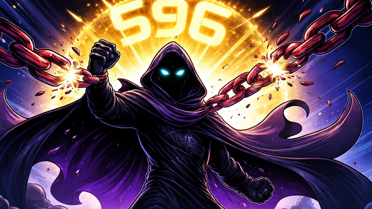 Personagem Monero cartoon rompendo correntes vermelhas regulatórias com aura dourada 596, simbolizando ATH apesar de bans globais