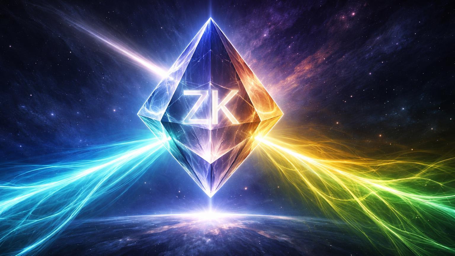 Prisma cristalino ZK refratando luz em feixes cyan, dourado e verde equilibrados, simbolizando superação do trilema blockchain com proofs no Ethereum