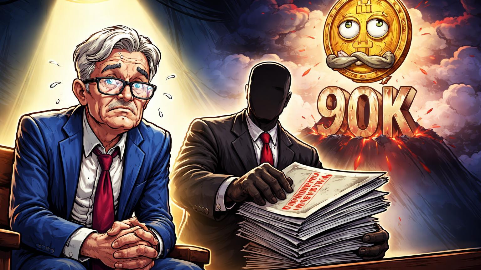 Powell cartoon sob interrogatório DOJ com Bitcoin estagnado em 90K entre nuvens de incerteza, ilustrando tensão Trump-Fed no mercado cripto