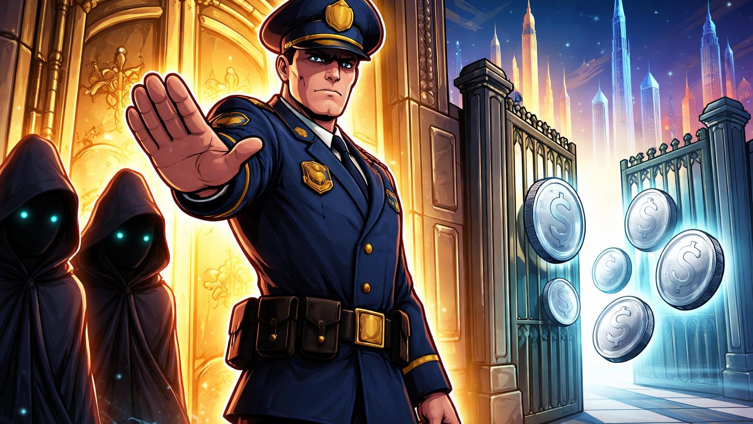 Guarda regulatório cartoon bloqueando figuras encapuzadas de privacy coins enquanto stablecoins passam, ilustrando proibição em Dubai