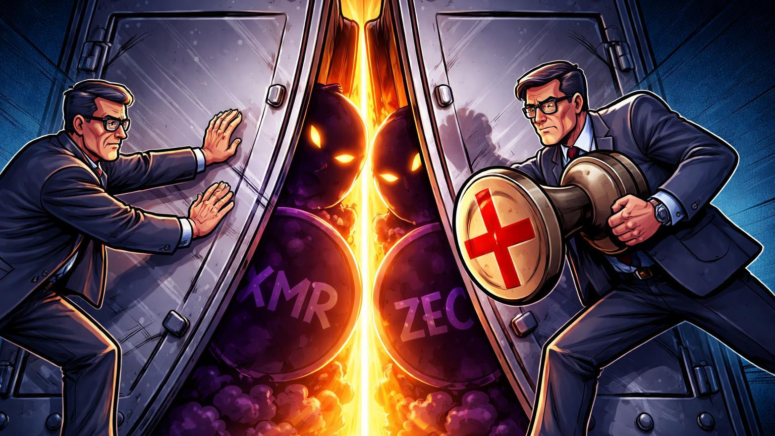 Burocratas cartoon fechando portas de exchange repelindo silhuetas de Monero e Zcash, simbolizando proibição regulatória em Dubai