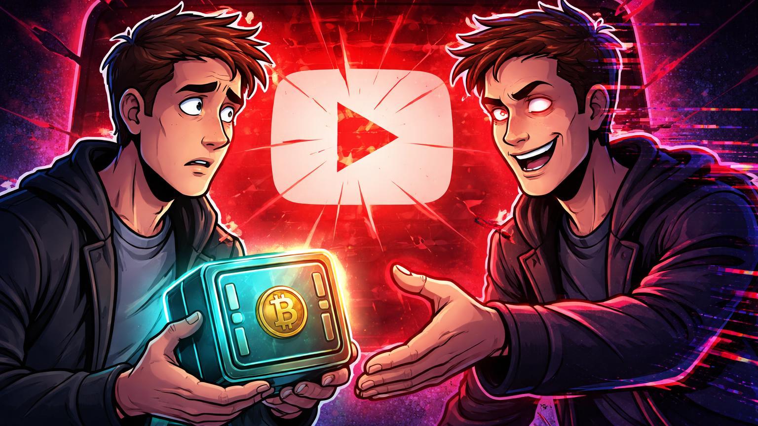 Personagens cartoon: investidor sendo enganado por deepfake glitchy de si mesmo pegando carteira digital, alertando sobre ataques 'scam-yourself' IA em cripto