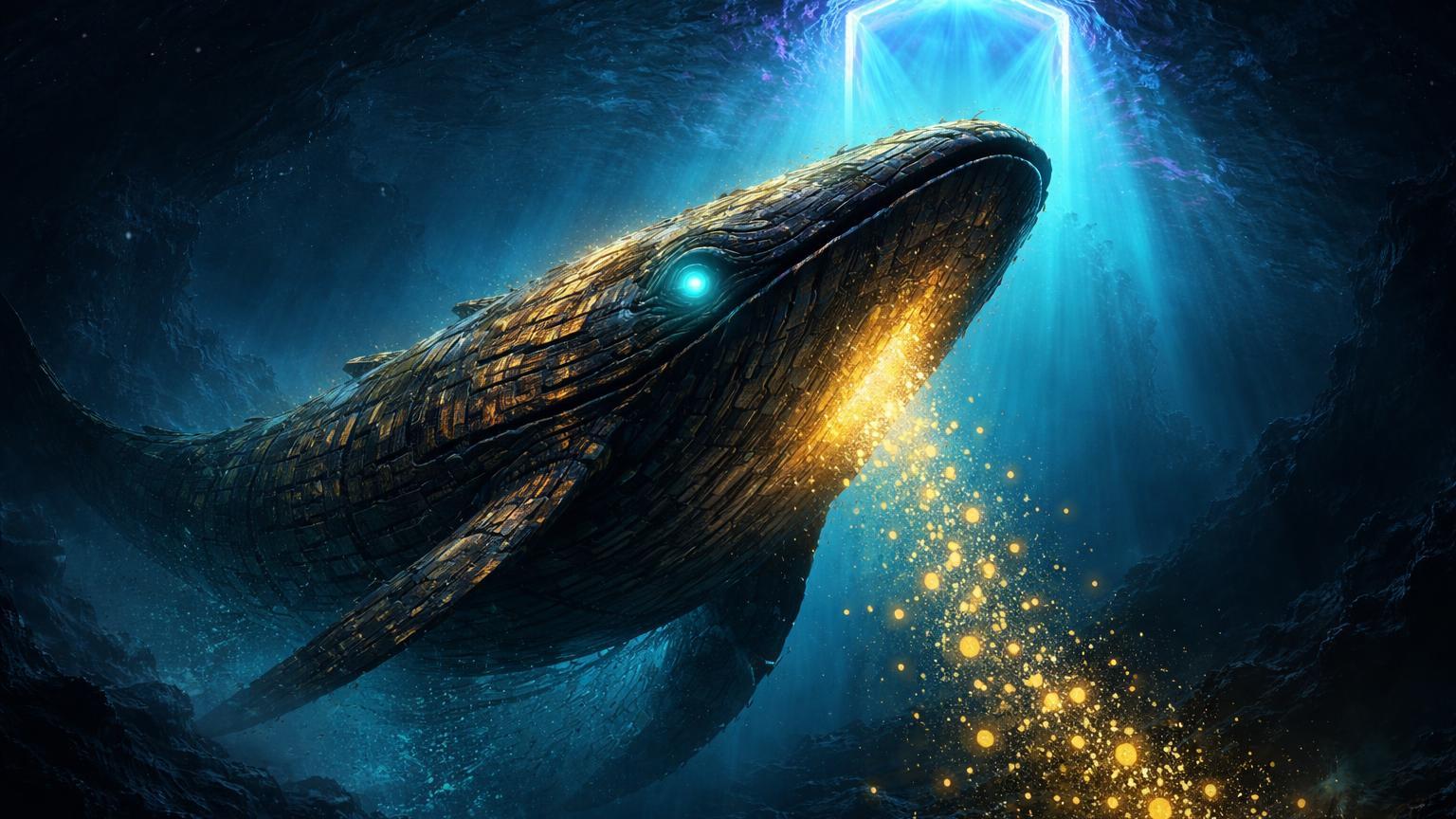 Baleia surreal emergindo de abismo digital com padrões blockchain antigos nos olhos cyan, simbolizando despertar de wallet da era Satoshi