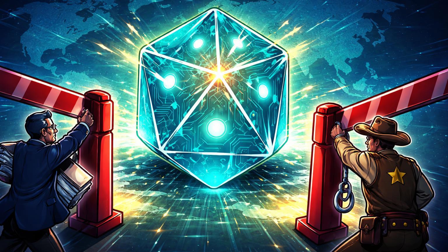 Figuras regulatórias cartoon erguendo barreiras vermelhas ao redor de fortaleza digital de Polymarket, simbolizando bloqueios na Ucrânia e Tennessee