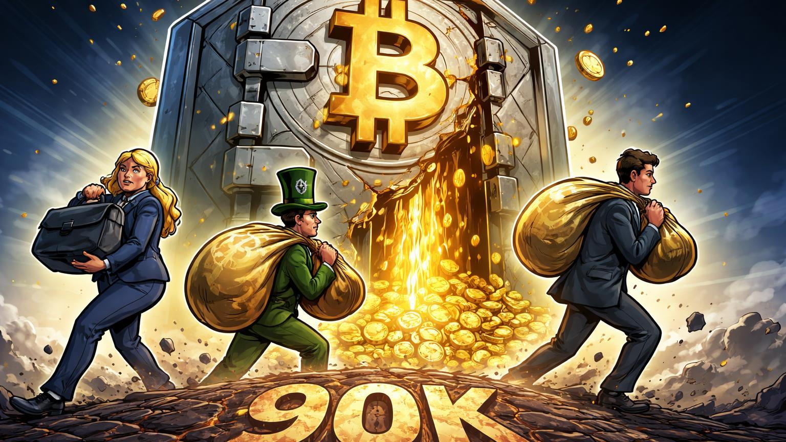 Figuras institucionais cartoon esvaziando cofre de ETFs Bitcoin com fluxo dourado descendente até marca 90K, ilustrando saídas de US$1,38 bi