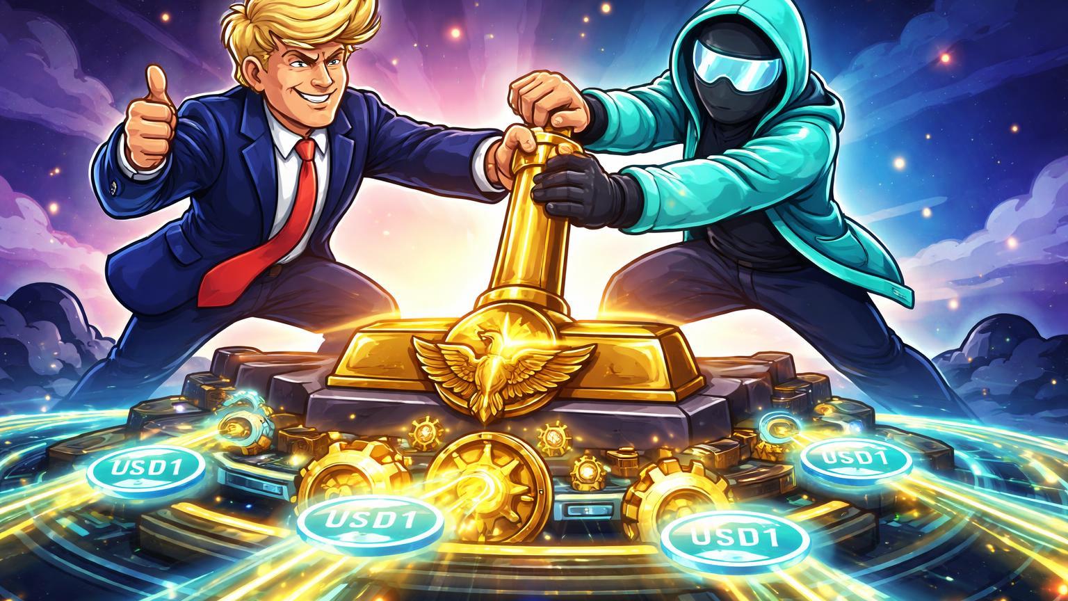 Personagens cartoon de líder político e tech DeFi ativando alavanca de plataforma de empréstimos com USD1, lançamento World Liberty Financial