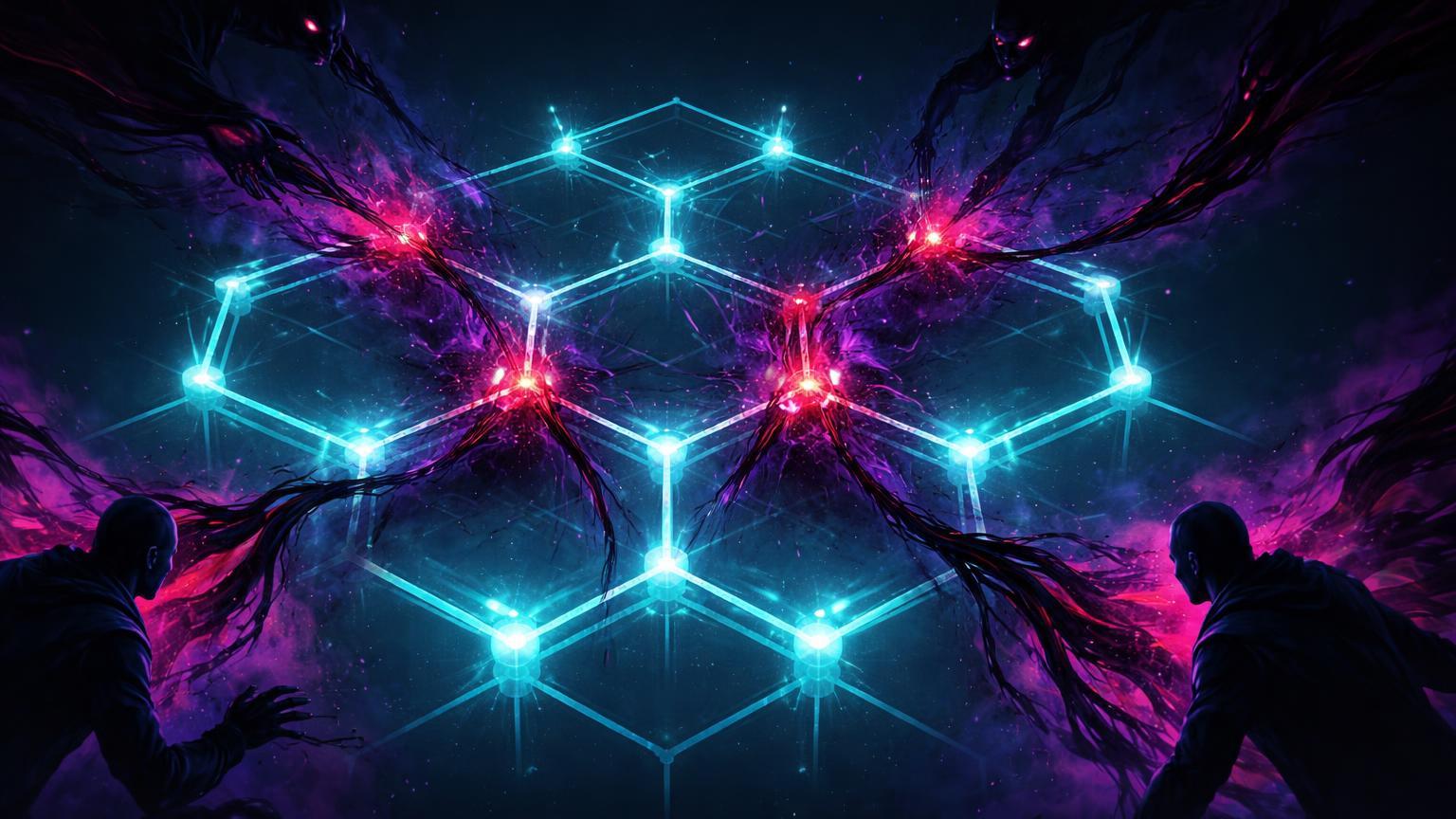 Rede blockchain cyan infiltrada por veias vermelhas pulsantes e silhuetas sombrias, simbolizando crimes on-chain como mineração ilegal e lavagem para o Irã