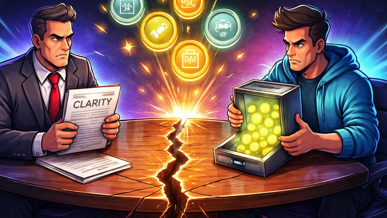 Executivos cartoon em conflito sobre mesa rachada com documento regulatório e cofre de stablecoins, simbolizando disputa da Coinbase no CLARITY Act